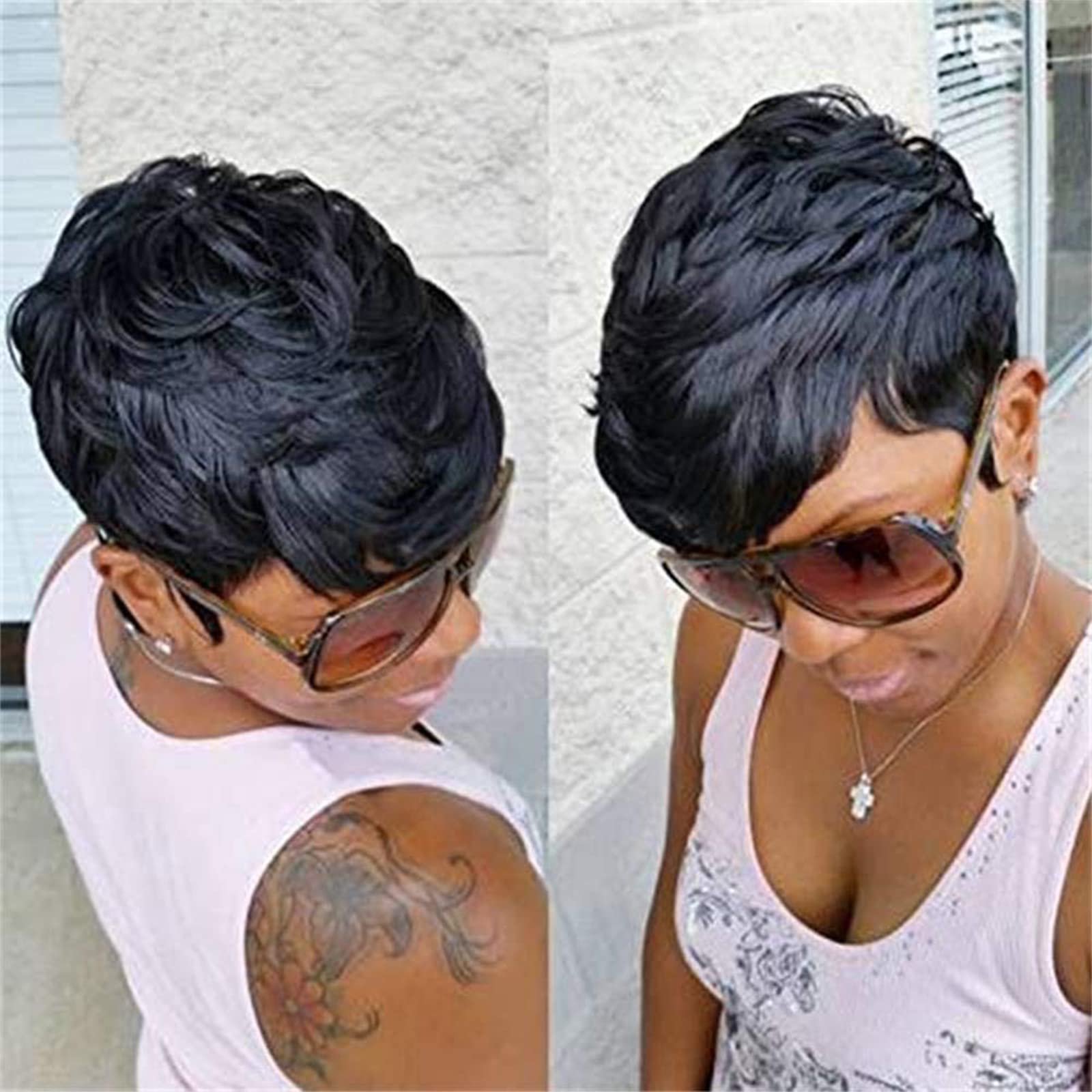 VRZ Short Wigs Human Hair for Black Women Pixie Cut Wig Human Hair with Bangs Layered Wavy Short Human Hair Wigs for Black Women Curly Hair Wigs Color 1B# (MIDDLE WAVY)