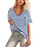Women Oversized T Shirt Striped Short Sleeve Deep V Neck Tee Shirt Casual Loose Drop Shoulder Summer Going Out Top