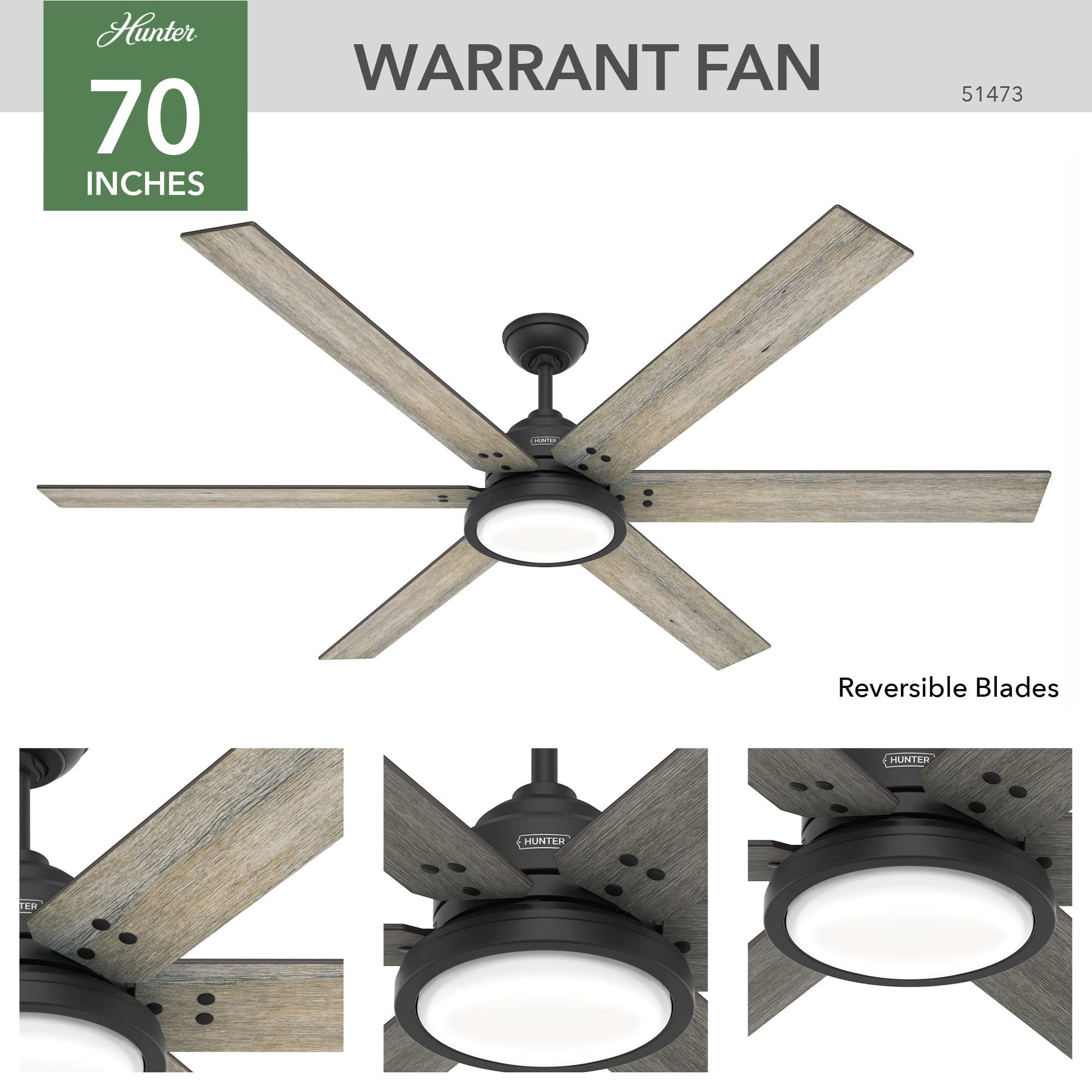 Hunter Fan Company 51473 Warrant Ceiling Fan, 70, Matte Black