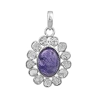 1.00 CTW Natural Diamond Polki Tanzanite Flower Pendant 925 Sterling Silver Platinum Plated Slice Diamond Jewelry