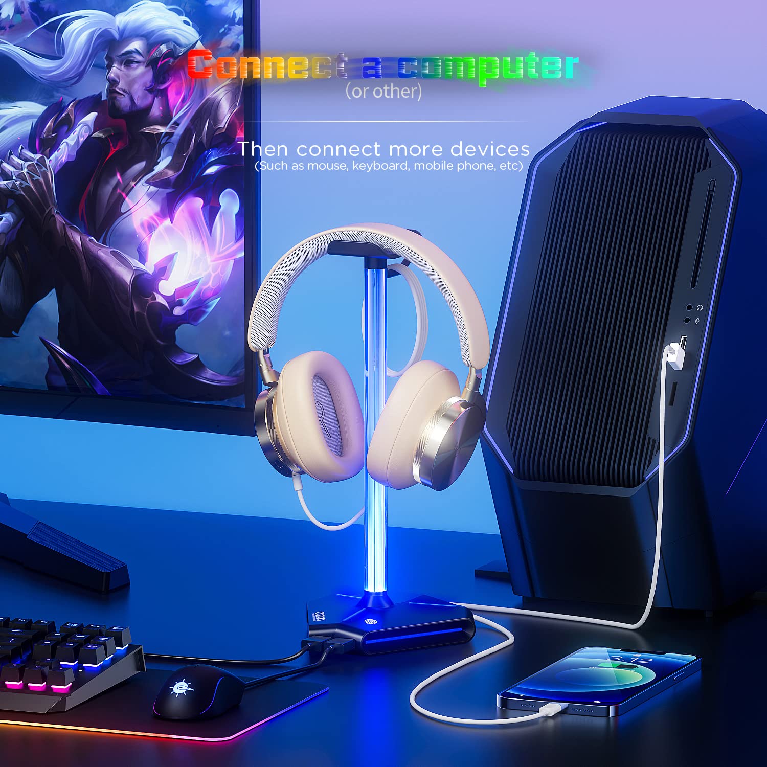 cozoo RGB Headphone Stand with 2 USB2.0 Extension Charging Port Extender Cord,Headset Stand Holder for Gamer Desktop Table Game Earphone Accessories