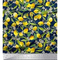Soimoi Cotton Poplin Blue Fabric - by The Yard - 56 Inch Wide - Leaves, Floral & Lemon Vegetable Palette Fabric - Botanical and Citrusy Fusion for Various Uses Printed Fabric