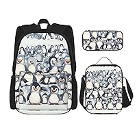 3-In-1 Backpack Bookbag Set,Cute Baby Penguins Sketch Print Casual Travel Backpacks,With Pencil Case Pouch, Lunch Bag
