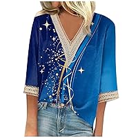 Lace Womens Oversized T Shirts 3/4 Sleeves Tops Blouse Floral Gradient Tee Tunics Fashion Party Office T-Shirts