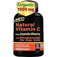 Natural Vitamin C from Organic Acerola Cherry - High Absorption - with Garlic Ginger & Citrus Bioflavonoids - Immune System & Collagen Booster - Anti Aging Skin Vitamins