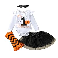 Newborn Baby Girl My 1st Halloween Outfit Long Sleeve Romper Tutu Skirt Headband Leg Warmers 4Pcs Clothes Set (0-3 Months,Black)