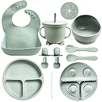 Baby Led Weaning Supplies, 10pc Set (Army Green) [Silicone Feeding Set: Plate, Bowl, Adjustable Bib, Sippy Cup, Spoons, Forks]
