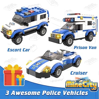 City Police Station Building Kit, Police Car Toy, City Police Sets, with Escort Car, Prison Van, Cruiser, Best Learning Roleplay STEM Police Toys Birthday for Kids Boys Aged 6-12