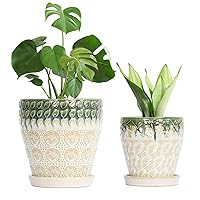 Ceramic Planter Pots for Indoor Plants, 8Inch + 6 Inch Plant Pot with Drainage Holes, Saucers and Mesh Pads, Succulent Orchid Flower Pot -Set of 2