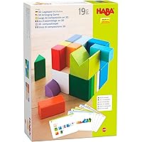HABA 305463-3D Tile Game Cube Mix, Wooden Toy for Laying and Stacking, 19 Wooden Building Blocks, 10 Template Cards for Reconstruction, Toy from 3 Years