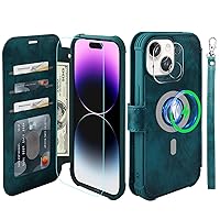 VANAVAGY Compatible for iPhone 15 Wallet Case for Magsafe Wireless Charging,Leather Flip Folio Wrist [Glass Screen Protectors & Camera Lens Protectors] with RFID Block Card Holder,Midnight Green