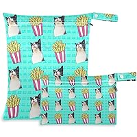 visesunny Cat French Fries 2Pcs Wet Bag with Zippered Pockets Washable Reusable Roomy Diaper Bag for Travel,Beach,Daycare,Stroller,Diapers,Dirty Gym Clothes,Wet Swimsuits,Toiletries