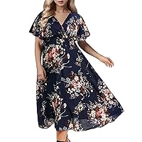 Women's V-Neck Plus Size Casual Dresses Spring Ruffle Evening Party Short Sleeve Long Max Dress High Rise Floral Wrap