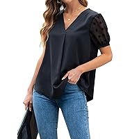 Blooming Jelly Womens Black Blouse V Neck Lantern Sleeve Chiffon Swiss Dot Business Casual Tops Shirts