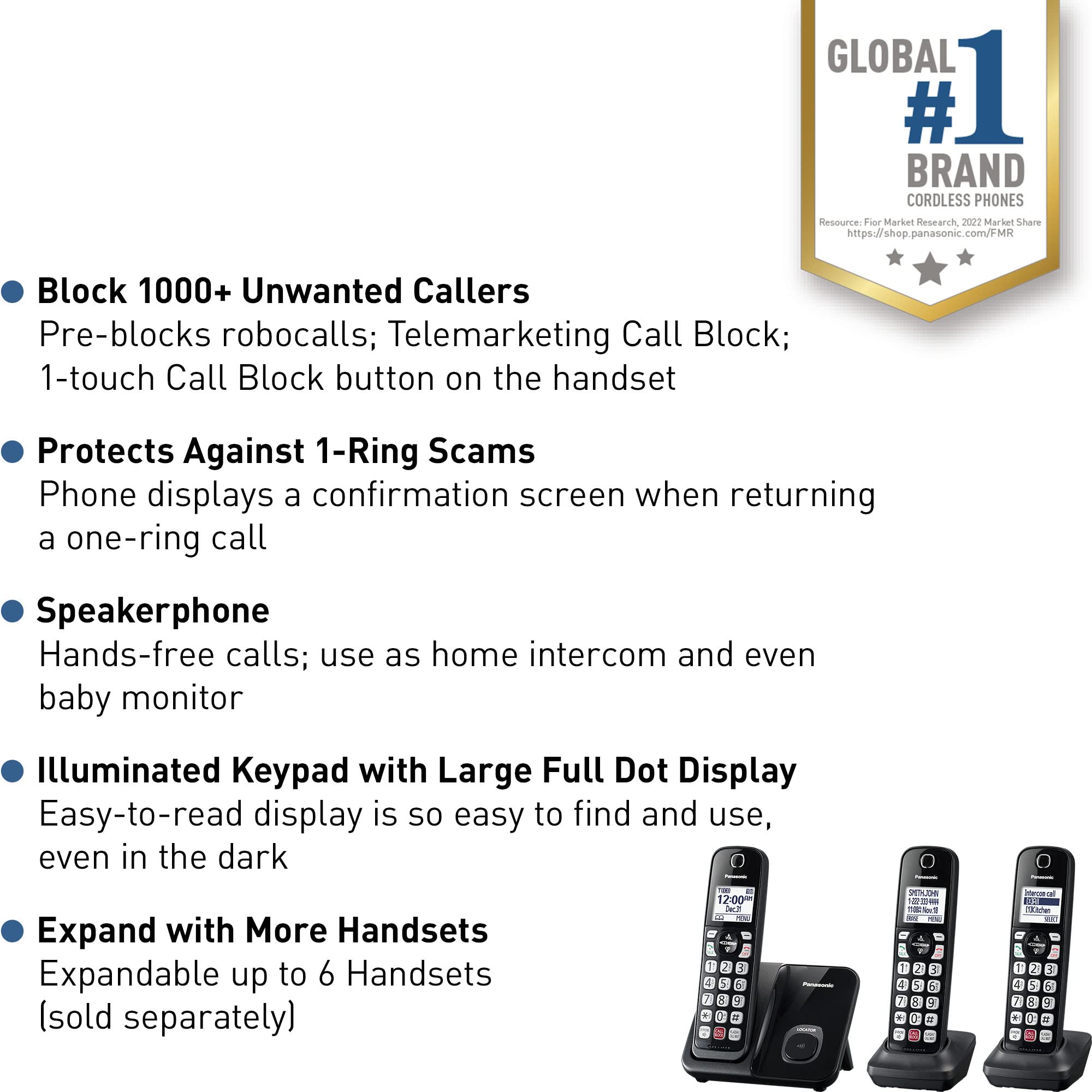 Panasonic Cordless Phone with Advanced Call Block, Bilingual Caller ID and Easy to Read Large High-Contrast Display, Expandable System with 3 Handsets - KX-TGD813B (Black)