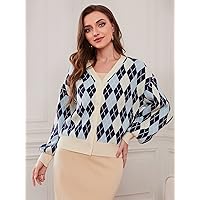 Women's Fashion Casual Cardigan Sweater Argyle Pattern Drop Shoulder Cardigan Charming Mystery Special Beautiful (Color : Multicolor, Size : Medium)