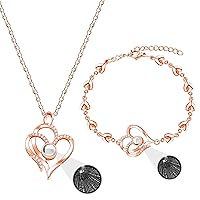 100 Languages I Love You Projection Heart Chain Bracelet and Necklace Set - Stainless Steel Double Heart Necklace Bracelet Jewelry Set for Women Girls Valentine's Day Birthday Gift Y4460