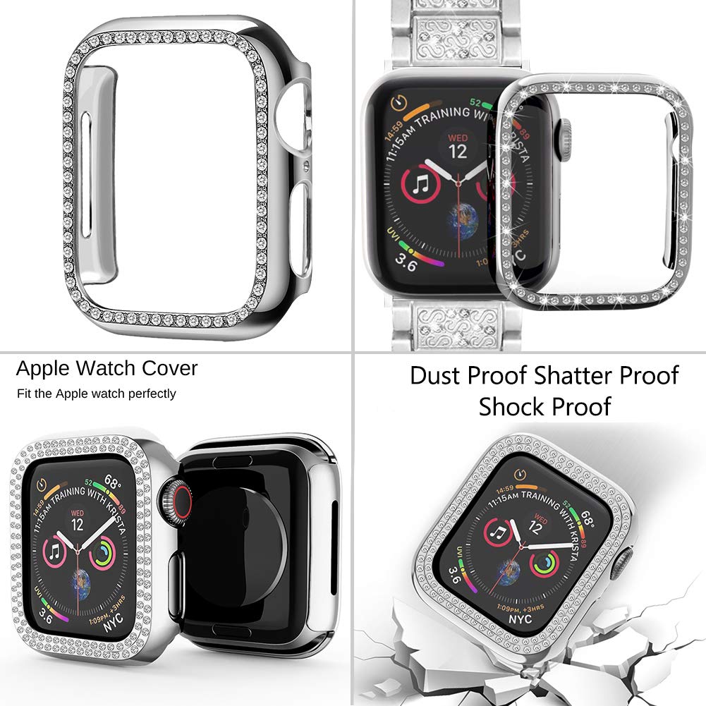 Mosonio Compatible with Apple Watch Band 40mm with Case Women, Jewelry Replacement Metal Wristband Strap with 2 Pack Bling PC Protective Cover for iWatch Series 6/5/4(Silver)