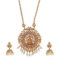 Bodha Traditional Indian Handcrafted 18K Antique Gold Plated Godess Lakshmi Temple Jewellery Necklace with Matching Earring for Women (SJ_2902), Metal crystal, Cubic Zirconia