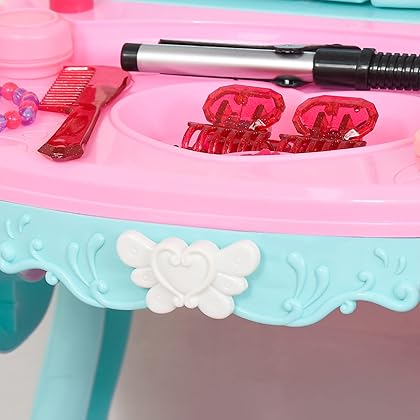 Qaba Three-Sided Mirror Kids Vanity Makeup Table Set with Princess Faces and 32-Piece Collection, Princess Vanity Table and Stool, Imaginative Toy for 3-6 Years Old