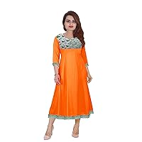 Women's Long Dress Ethnic Wedding Wear Cotton Tunic Casual Maxi Dress Orange Color Plus Size