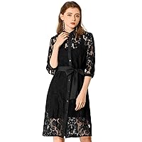 Allegra K Women's Collared 3/4 Sleeve Button Down Semi Sheer Belted Lace Floral Dress