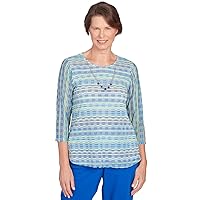 Alfred Dunner Women's Tradewinds Texture Biadere Shirttail Hem Top with Necklace