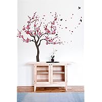 Japanese Cherry Blossom Tree and Birds Wall Decal Sticker for Flower Baby Nursery Room Decor Art (Red & Pink, 60x90 inches)