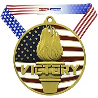 Victory Flame Patriotic Medal - 2.75 Inch Wide Place Medallion with Stars and Stripes American Flag V Neck Ribbon