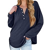 Women Long Sleeve V Neck Button Up Solid Tops Blouses Trendy Ribbed Shirts Tunic Pullover Plain T Shirts for Women