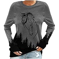 Fall Fashion Sweatshirt Women 2023 Horse Pattern Long Sleeve Shirts Casual Pullover Tops for Teen Girl Trendy Clothes