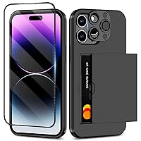 SAMONPOW for iPhone 14 Pro Case Wallet 4-in-1 Hybrid iPhone 14 Pro Protective Case with Card Holder & Screen Protector & Camera Cover Full Body Shockproof Bumper Cover Case for iPhone 14 Pro Black