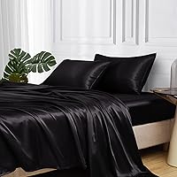 Satin Bed Sheets, Full Size Sheets Set, 4 Pcs Silky Bedding Set with 15 Inches Deep Pocket for Mattress (Full, Black)