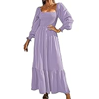 Women's Boho Square Neck Smocked Long Puff Sleeve A Line Maxi Dress Flounce Shirred Ruffle Hem Elegant Dress