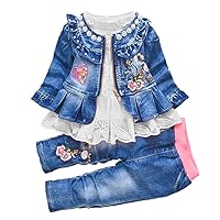 Peacolate Spring Autumn Baby Girls Clothing Set 3pcs Long Sleeve T-Shirt Denim Jacket and Jeans