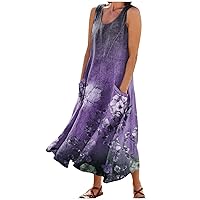 HTHLVMD Women's Summer Casual Cotton Linen Sleeveless Crewneck Swing Sundress Loose Flowy Vacation Long Dress with Pockets