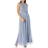 J Kara Women's Sleeveless Illusion Neck Floral Beaded Long Fit and Flare Dress