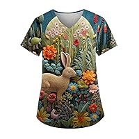 Short Sleeve Blouse Womens Tunic Easter Print Tee Dressy Shirt Workwear Casual Fashion Tshirt V-Neck Daily Tshirt