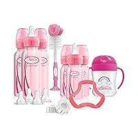 Dr. Brown’s Anti-Colic Options+ Narrow Baby Bottle First Year Feeding Gift Set with Sippy Cup, Baby Bottle Brush & 100% Silicone Teether, Pink