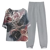 Women Linen Outfits 2 Pcs Casual Floral Sets Half Sleeve Button Trim Tops Elastic Waist Harem Pants Tracksuits