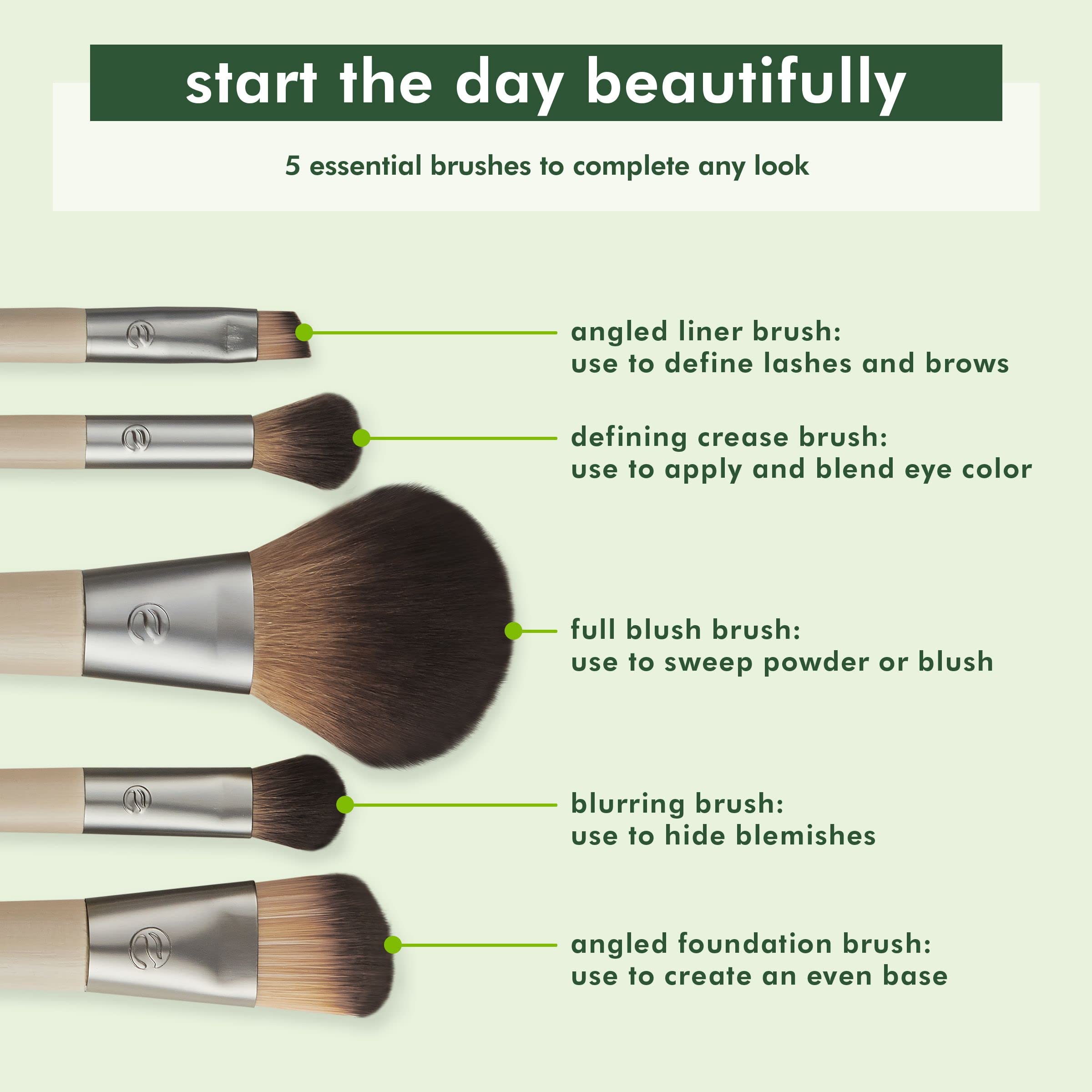EcoTools Start The Day Beautifully Makeup Brush Kit, For Eyeshadow, Foundation, Blush, & Concealer, With Storage Tray, Travel Friendly Makeup Brush Staples, Eco Friendly, Cruelty Free, 6 Piece Set