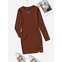 Women's Casual Ladies Comfort Dresses Ribbed Knit Split Hem Dress Leisure Perfect Comfortable Eye-catching (Color : Brown, Size : X-Small)