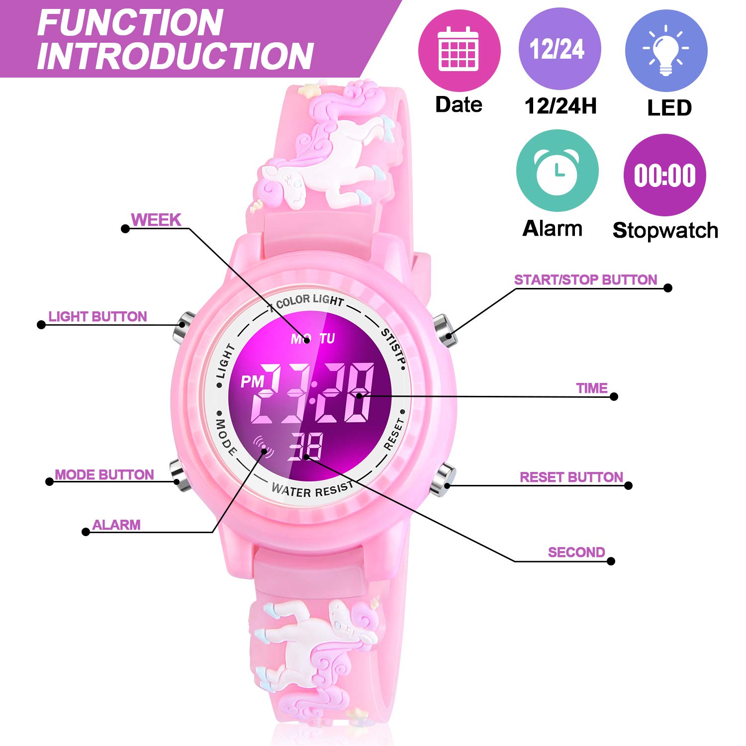 Viposoon Waterproof LED Kids Watches with Alarm - Kids Toys Gifts for Girls Age 3-10