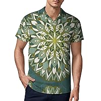 Green Tribal Flower Men's Polo Shirt Short Sleeve Sport Shirts Casual Golf T-Shirt for Work Fishing