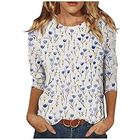 Blouses for Women, Women's Fashion Casual Three Quarter Sleeve Print Round Neck Pullover Top Blouse