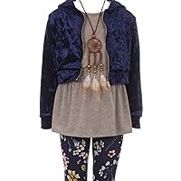 Girls Hoodie Sleeveless Top Floral Legging Pants Necklace Clothing Set Size 4-14