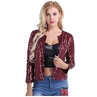 FEESHOW Women Cardigan Jacket Sparkle Sequin Bling Long Sleeve Sweaters Short Tops