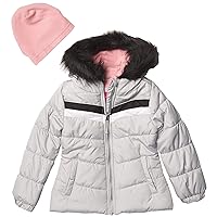 LONDON FOG Girls Toddler Quilted Puffer Winter Jacket With Fleece Hat