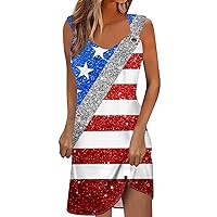 4th of July Outfits for Women Dress 4th of July Dress for Women America Flag Print Sexy Vintage Fashion with Sleeveless Round Neck Splice Dresses Deep Red XX-Large