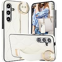 CCSmall for Samsung Galaxy S24 Case with Strap Wristband Kickstand, PU Leather Phone Cover with Ring Case for Samsung Galaxy S24 ZWD White